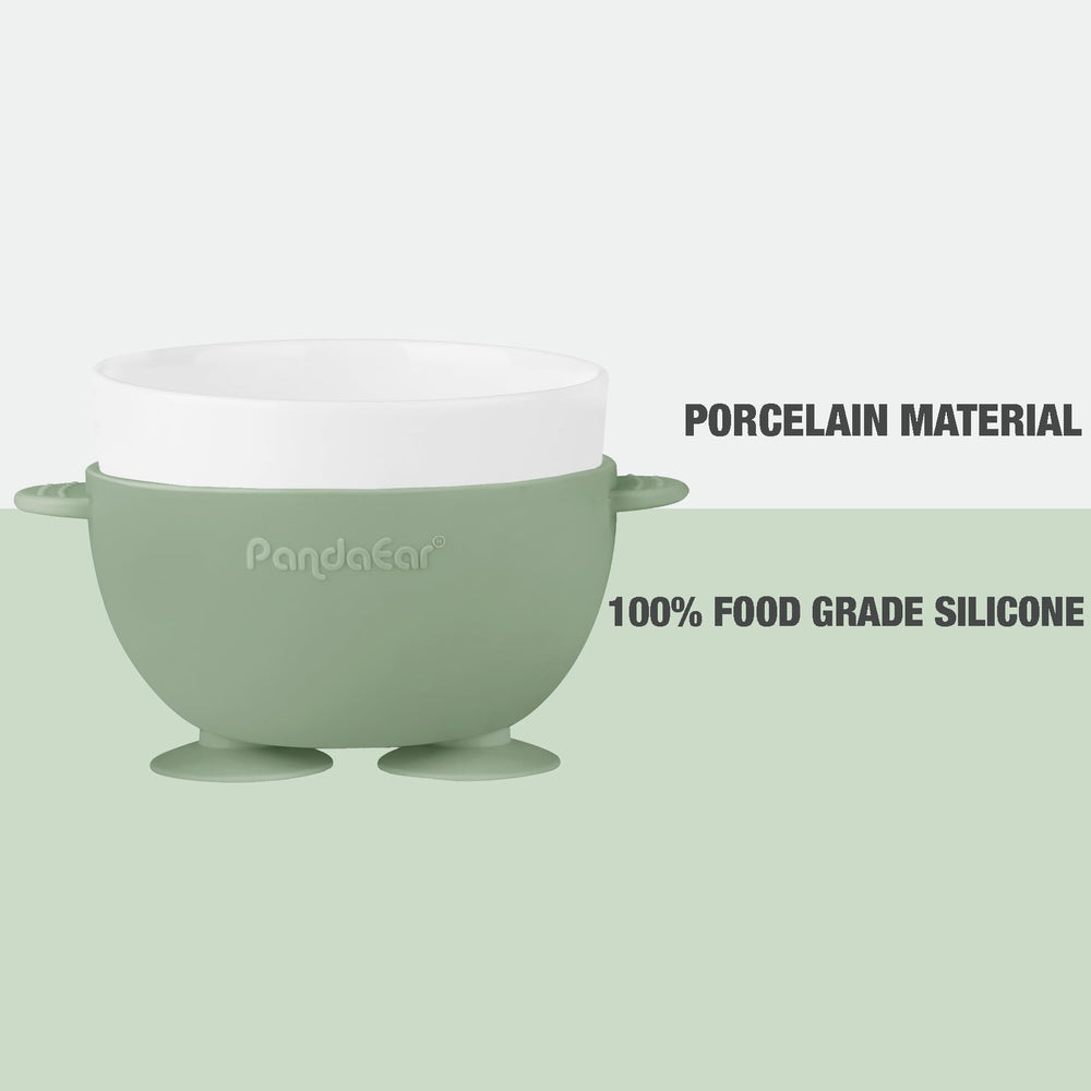 PandaEar ceramic baby bowls with beige silicone sleeve for easy scooping.