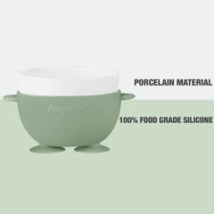 PandaEar ceramic baby bowls with beige silicone sleeve for easy scooping.