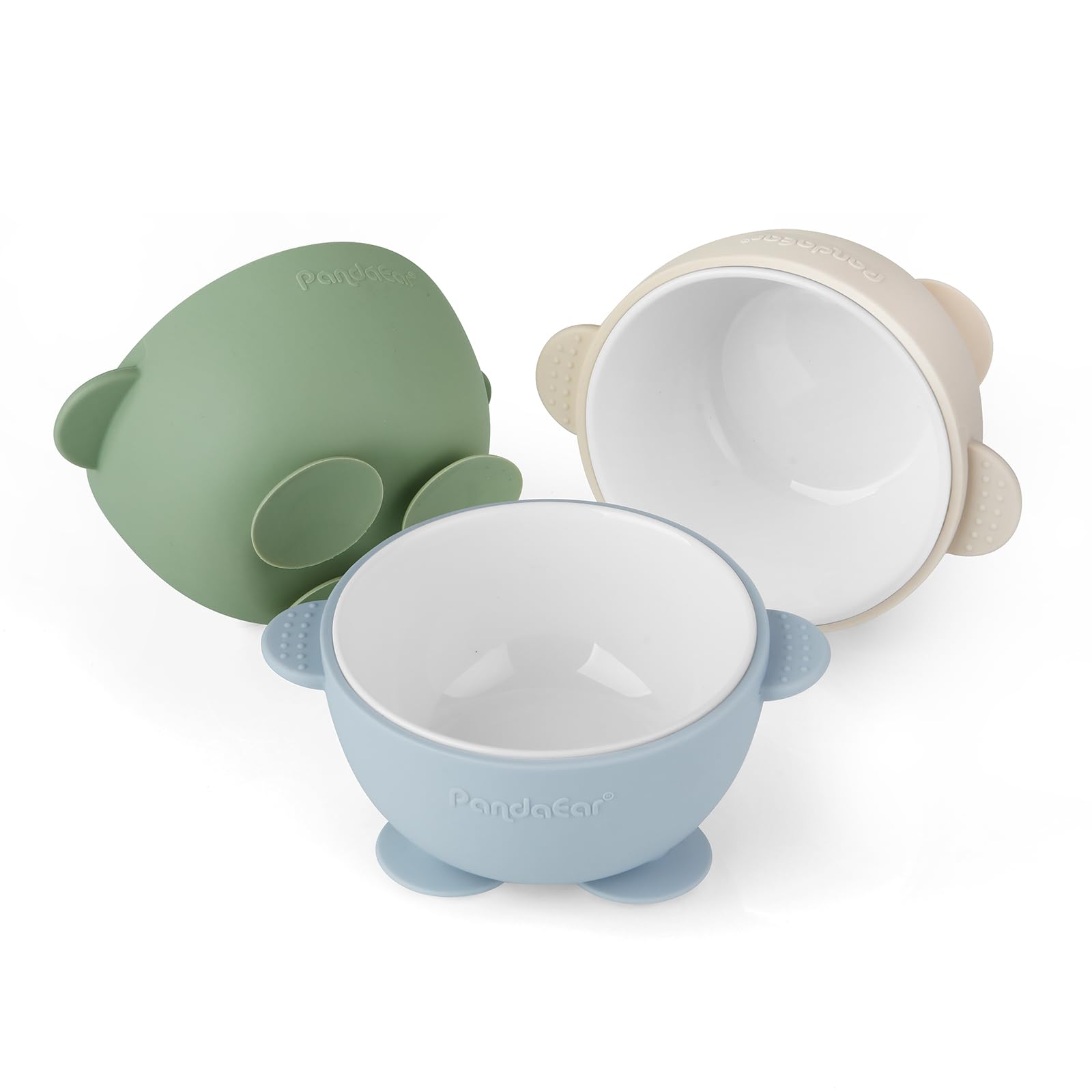 PandaEar ceramic baby bowls with blue silicone sleeve support safe, slip-free mealtime for toddlers.