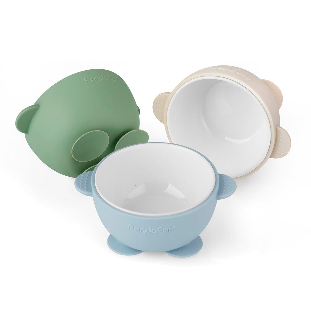 PandaEar ceramic baby bowls with blue silicone sleeve support safe, slip-free mealtime for toddlers.