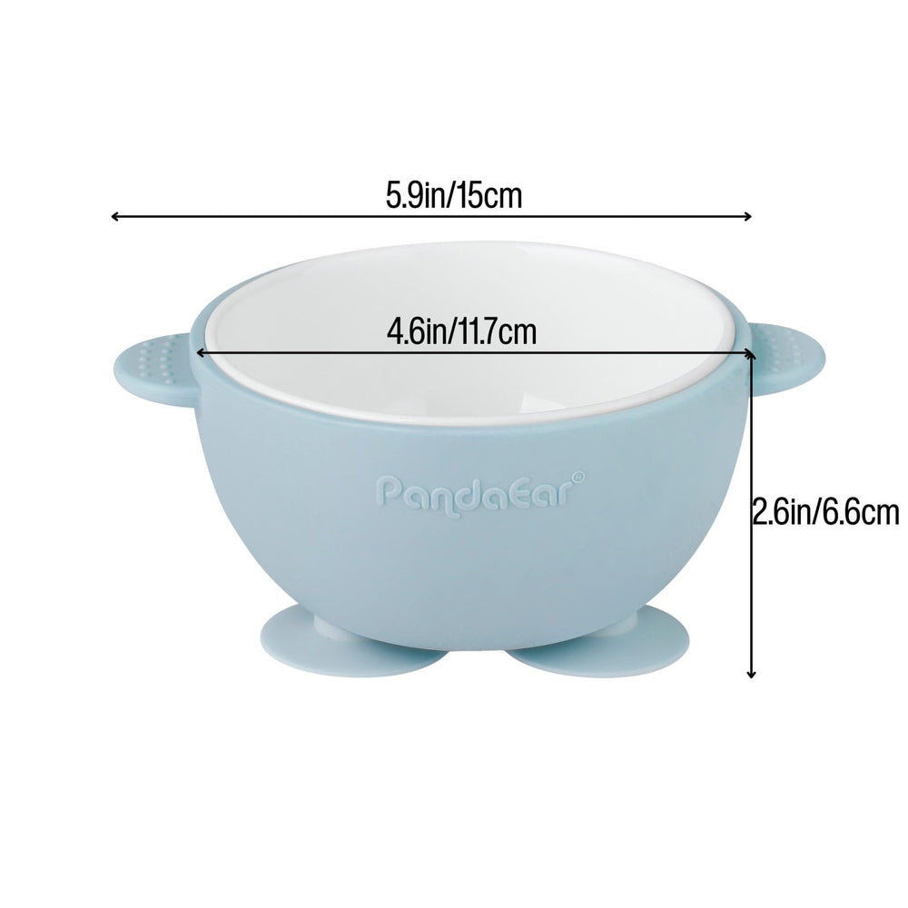 PandaEar ceramic baby bowls with green silicone sleeve for secure self-feeding.