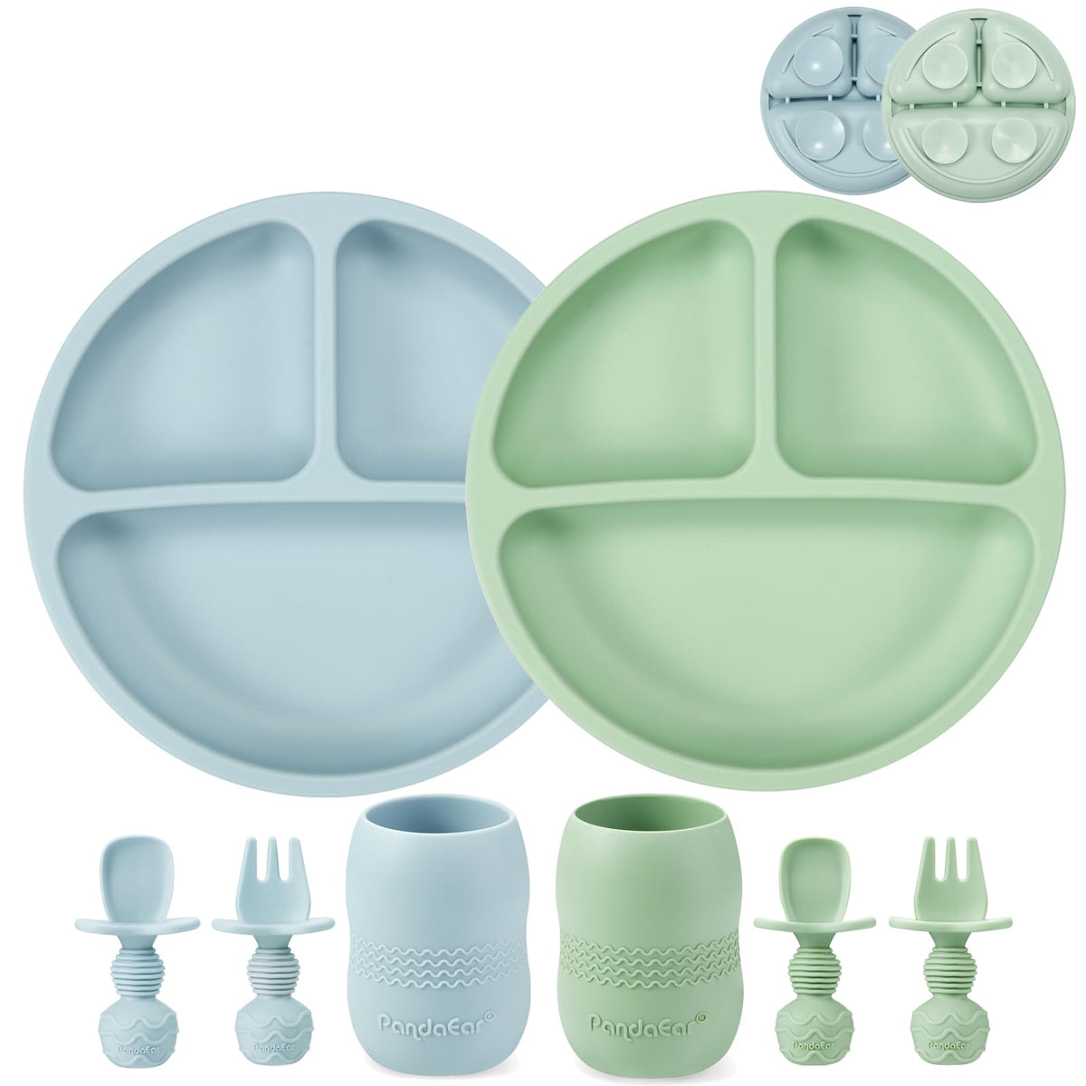 PandaEar divided suction plate blue, non-slip for mess-free feeding.