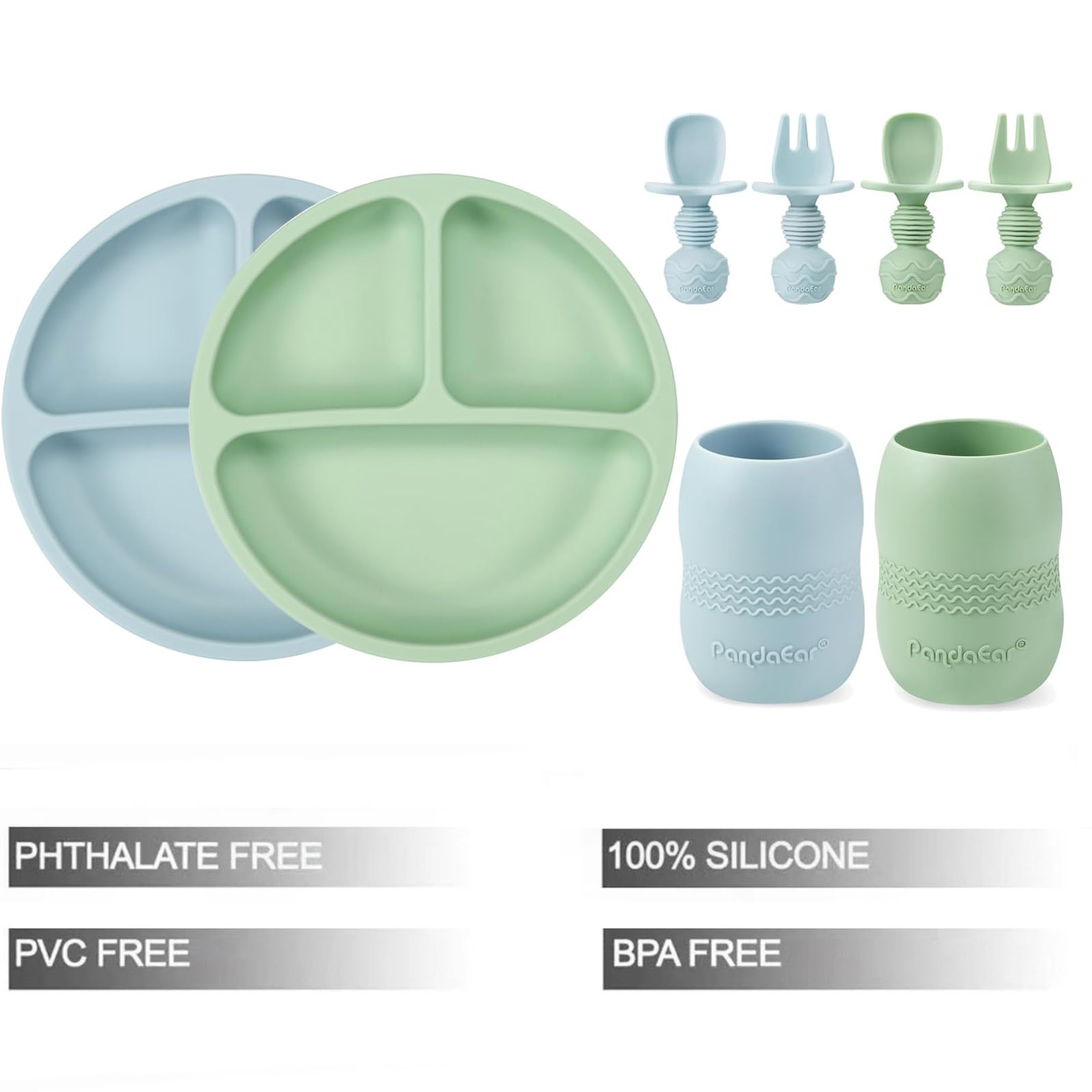 PandaEar divided suction plate green, three compartments for balanced meals.