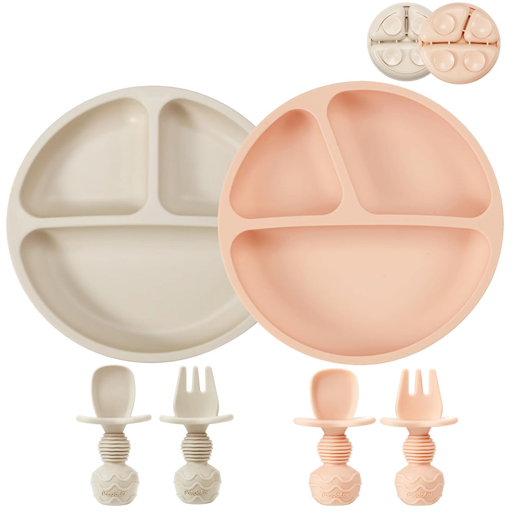 PandaEar divided suction plate pink linen top view for mess-free meals