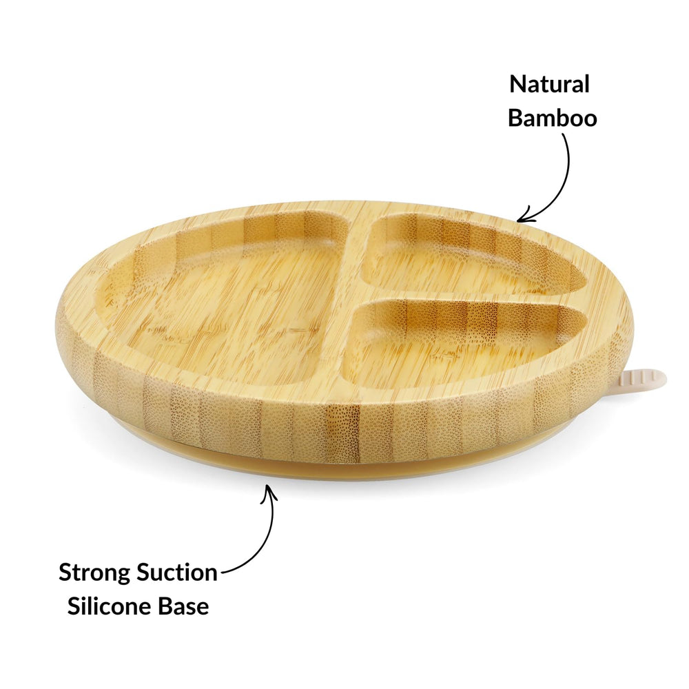 PandaEar divided wooden plate keeps foods separate for growing eaters.