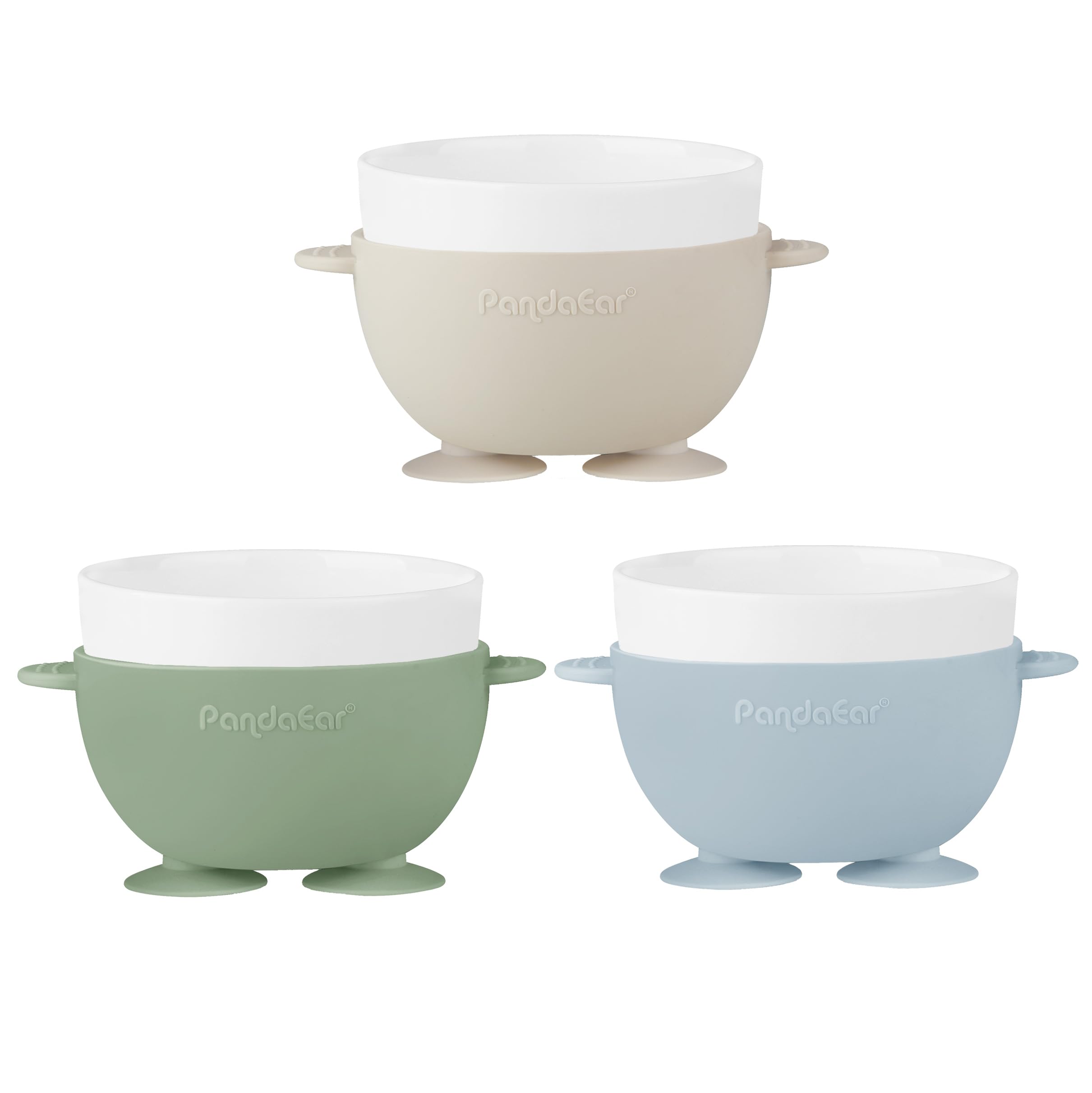 PandaEar easy-grip side handles aid toddlers learning self-feeding.