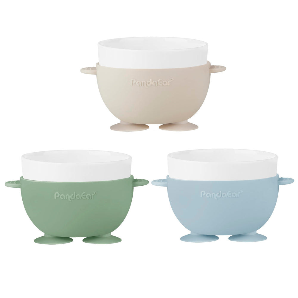 PandaEar easy-grip side handles aid toddlers learning self-feeding.