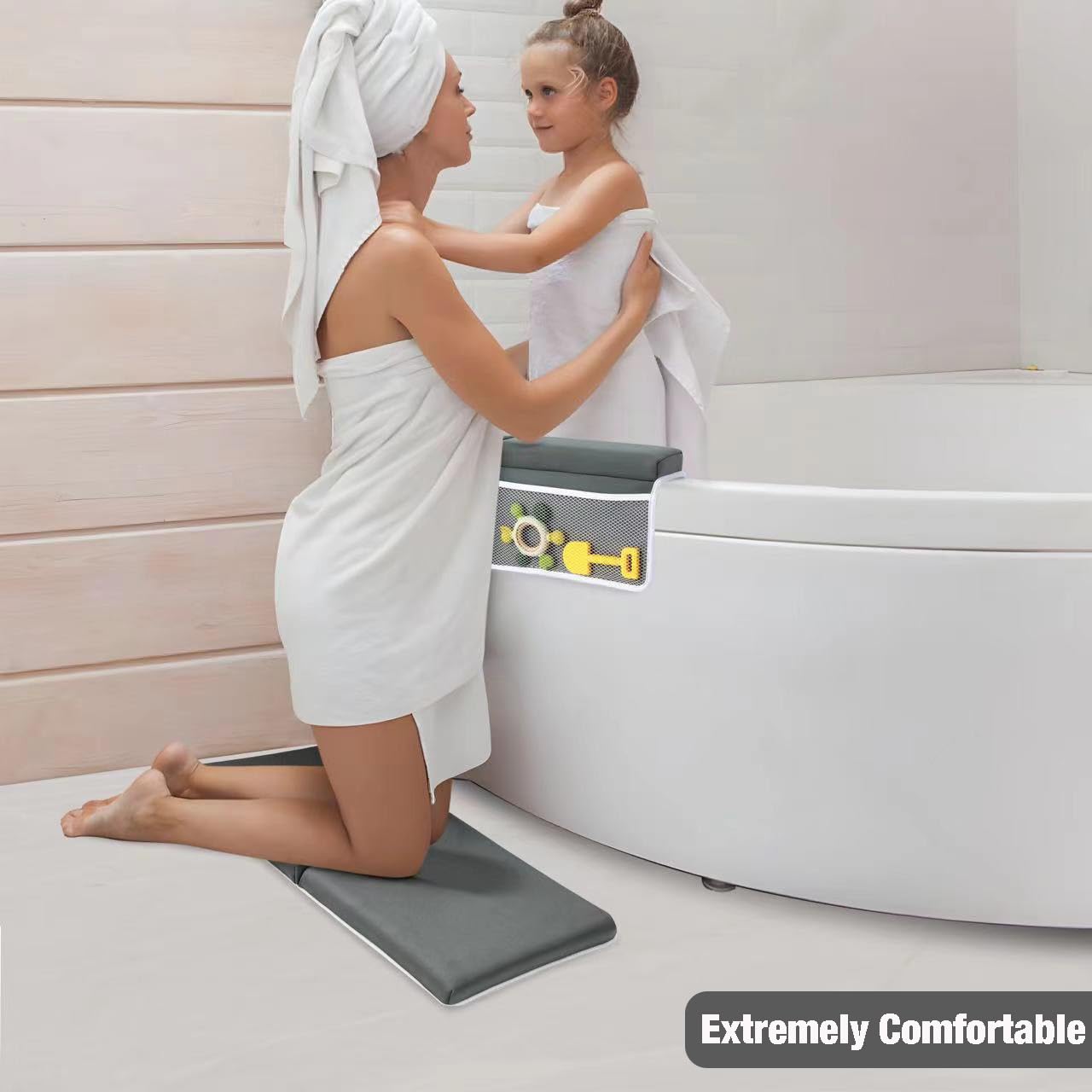 PandaEar elbow rest pad providing cushioned support during bathing.
