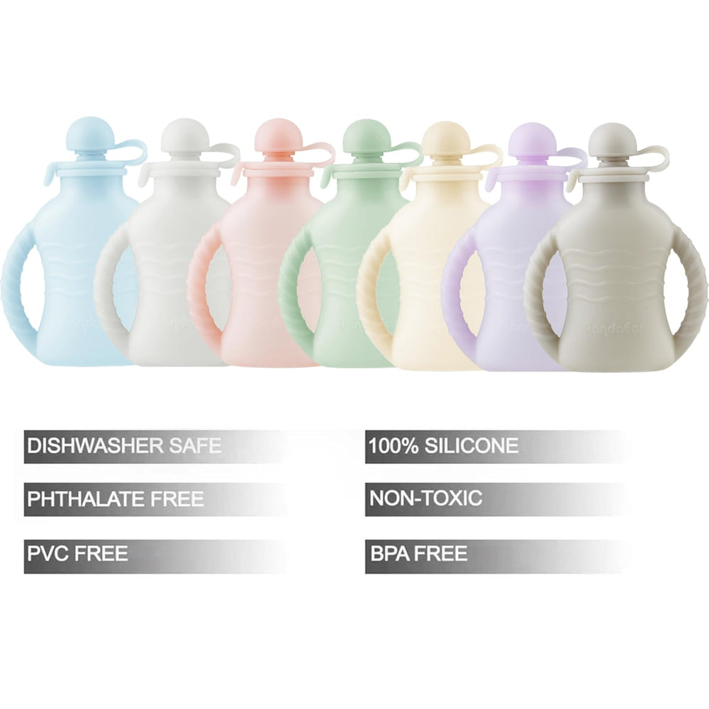 PandaEar filled 4oz pouch with apple puree demonstrates mess-free self-feeding.