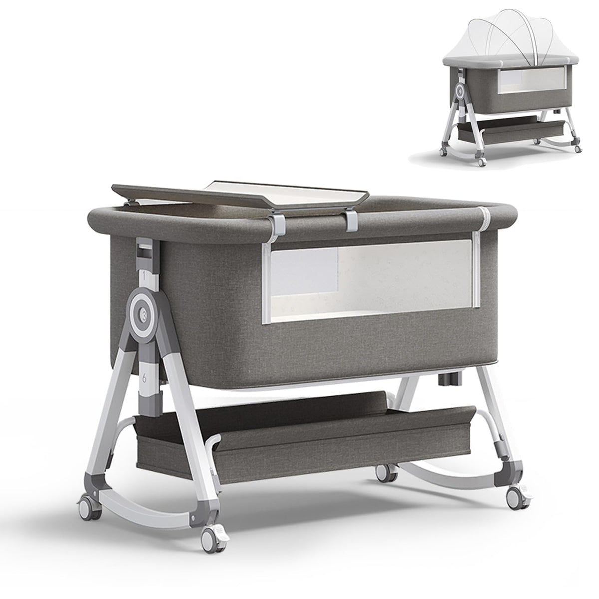 PandaEar foldable bassinet bedside view with adjustable height for night care