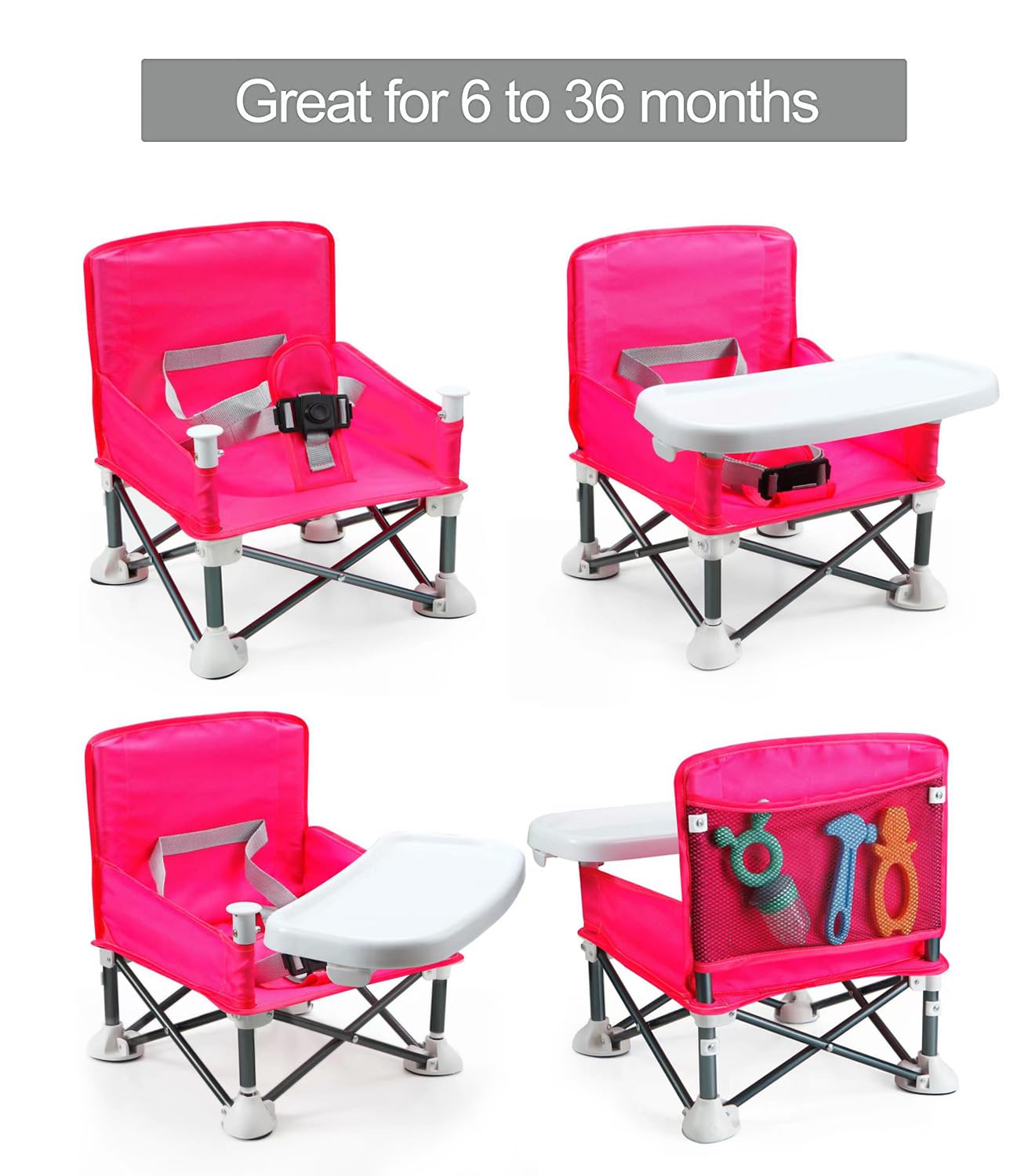 PandaEar pink booster seat folding open with tray ready for meals.