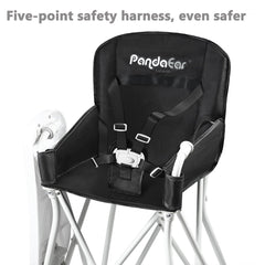PandaEar portable high chair with five-point harness for secure seating.