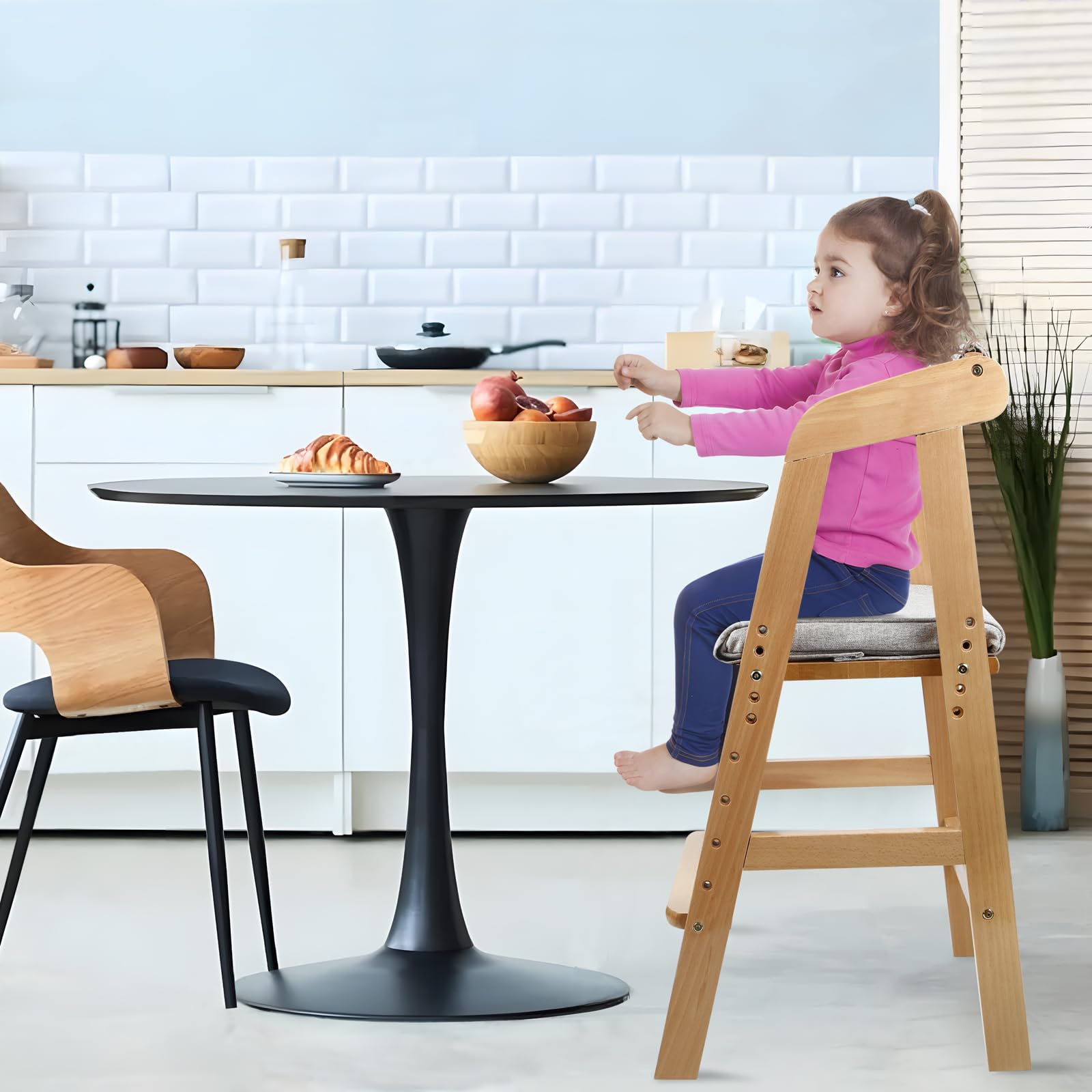 PandaEar natural finish high chair blends with home décor.