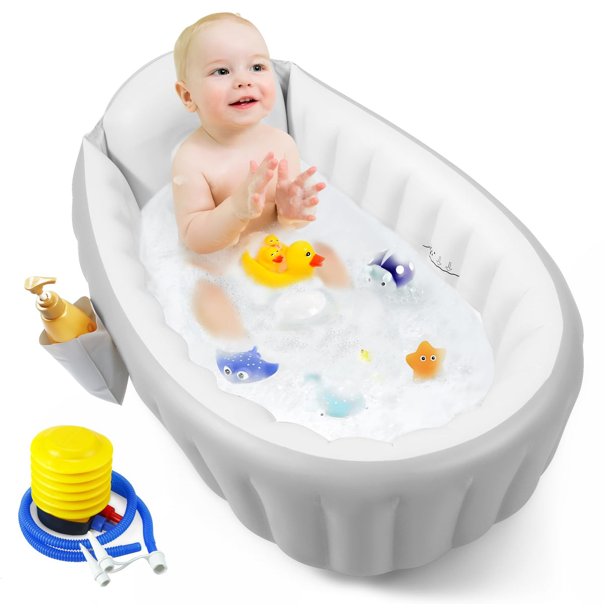PandaEar inflatable baby bathtub collapsible design shows quick setup and compact storage.