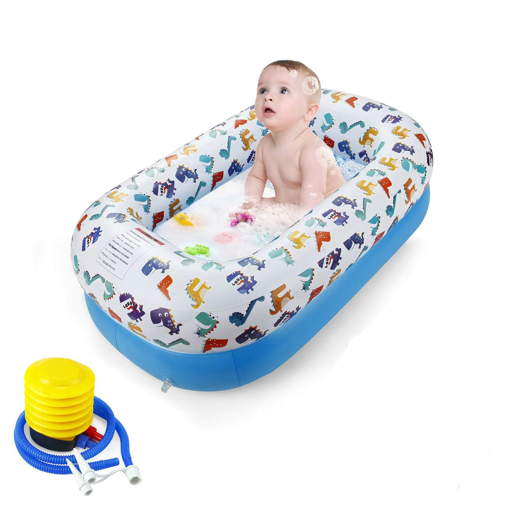 PandaEar inflatable dinosaur baby bathtub unfolded view shows travel-ready, compact bath time setup