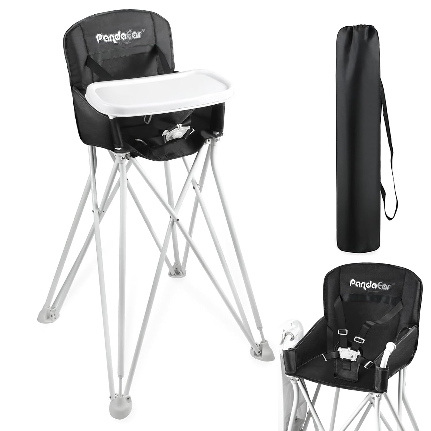 PandaEar portable high chair folded in its storage bag for easy travel.