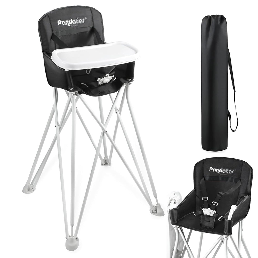 PandaEar portable high chair folded in its storage bag for easy travel.