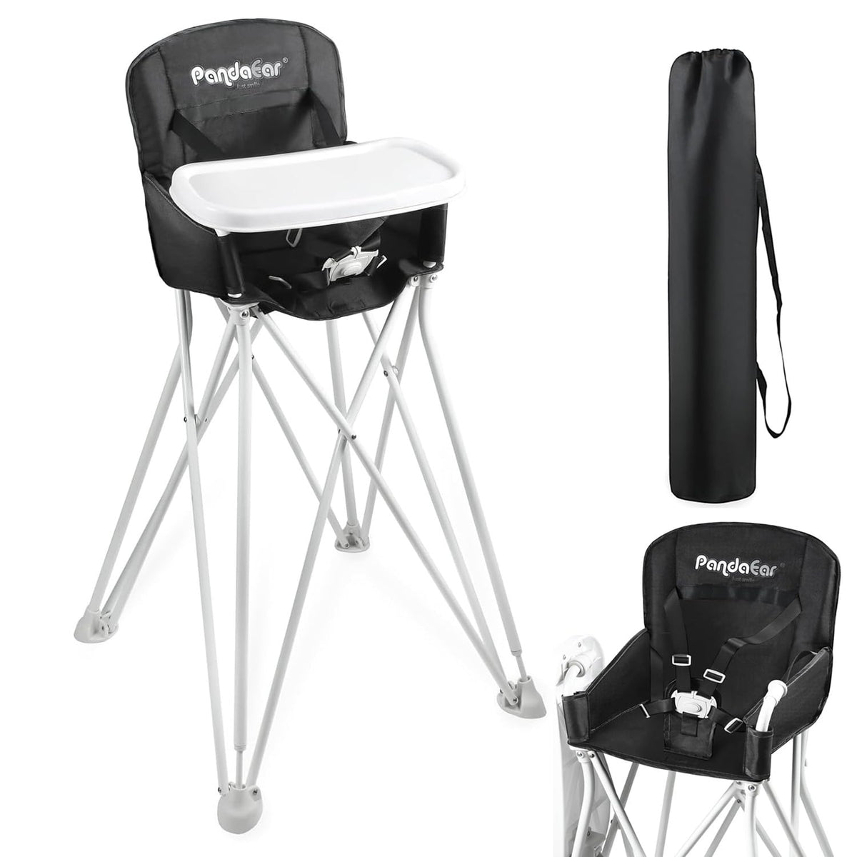 PandaEar portable high chair folded in its storage bag for easy travel.