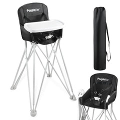 PandaEar portable high chair folded in its storage bag for easy travel.
