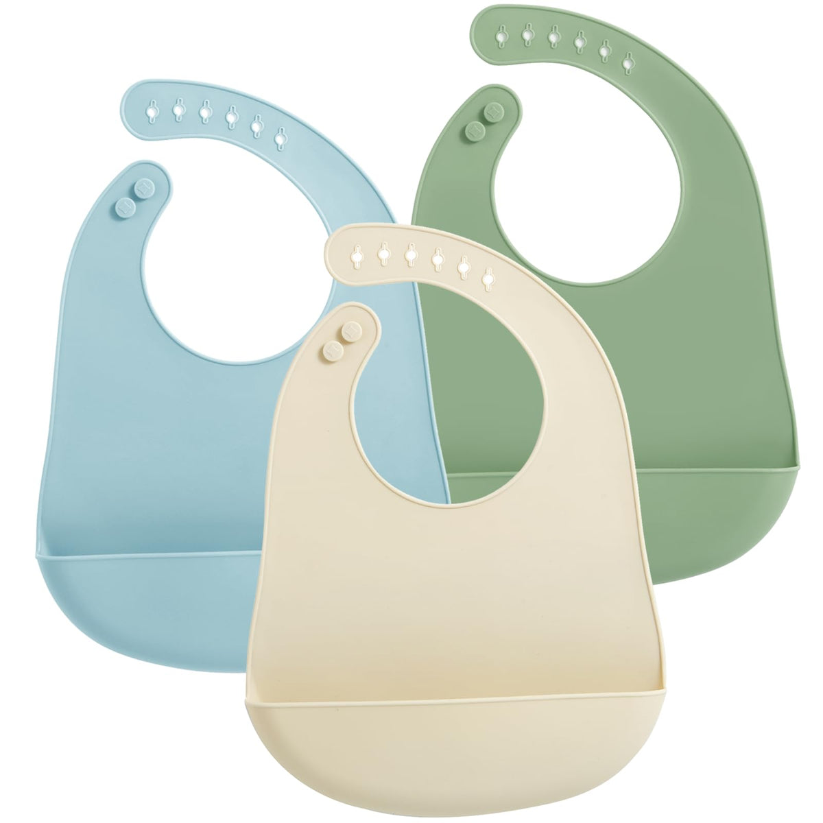 PandaEar silicone bib blue close-up showing food catcher pocket for quick cleanup