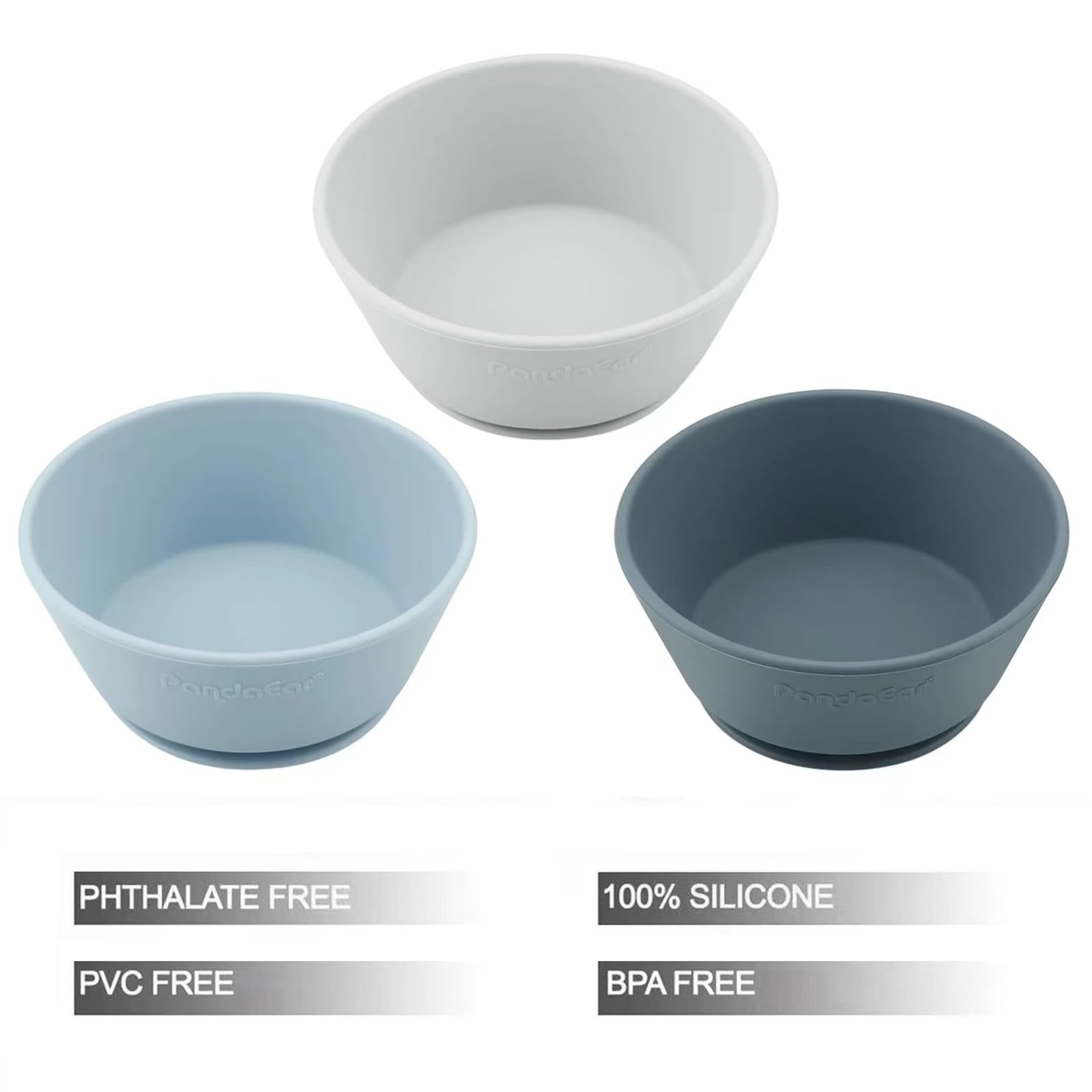 PandaEar silicone baby bowls showing food-grade material and safe edges