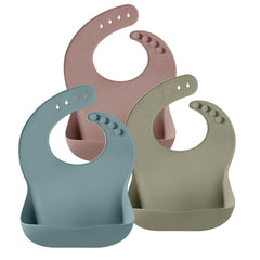 PandaEar silicone bib blue front view with deep crumb-catching pocket.