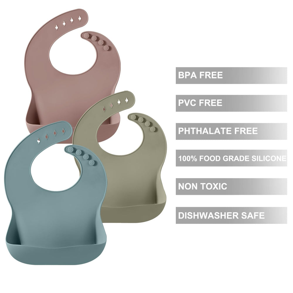 PandaEar silicone bib brown shows pocket for spills and mess control.