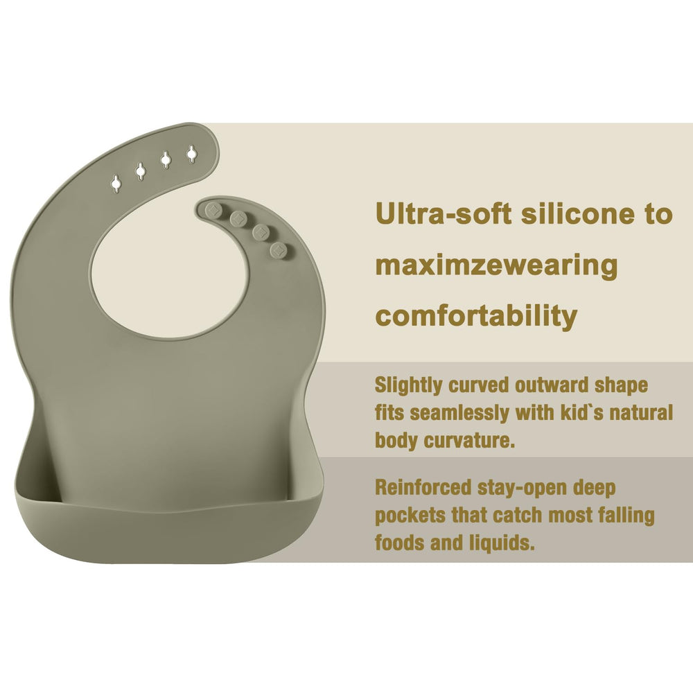 PandaEar silicone bib neck strap supports four sizes, growing with baby.