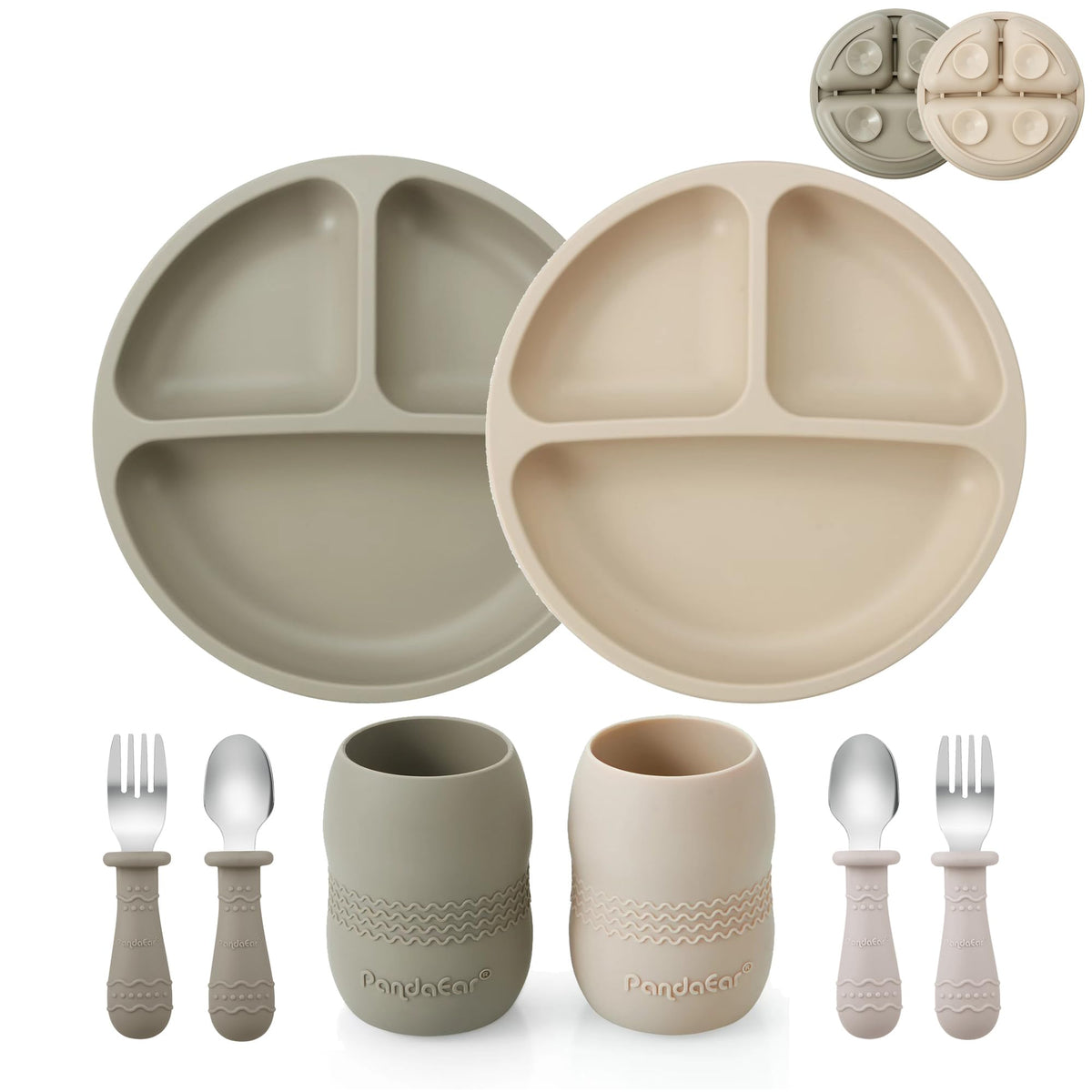 PandaEar silicone divided suction plate shown on a high chair tray for mess-free meals.