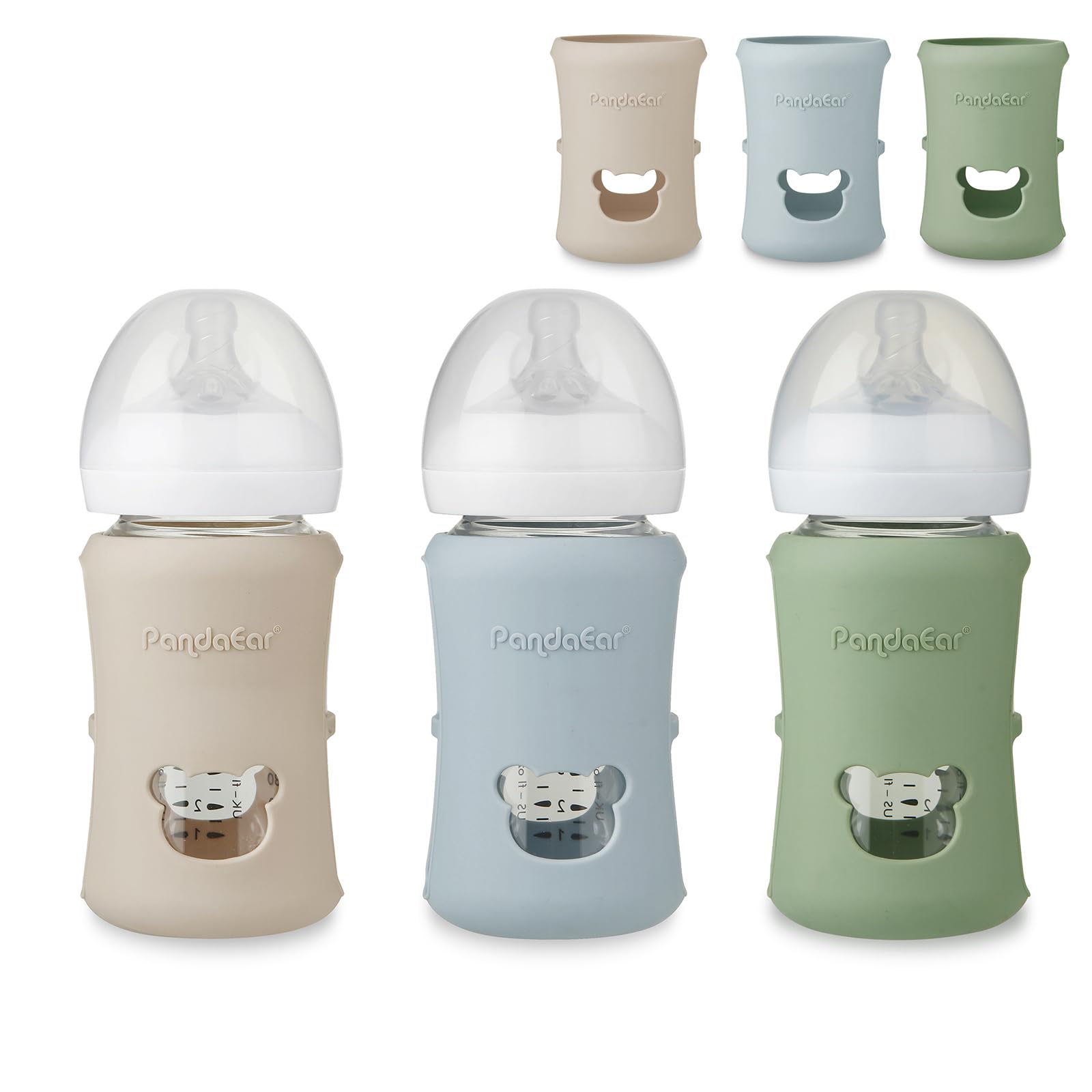 PandaEar silicone sleeves on Philips Avent 8 oz bottle close-up improve grip and protection.