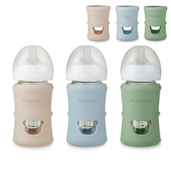 PandaEar silicone sleeves on Philips Avent 8 oz bottle close-up improve grip and protection.