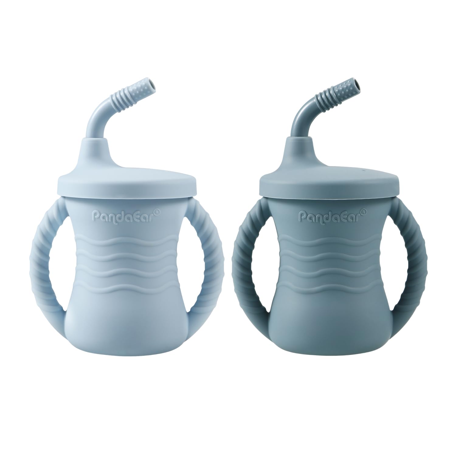PandaEar silicone training cup dark blue with handles and straw for easy learning and controlled sipping.