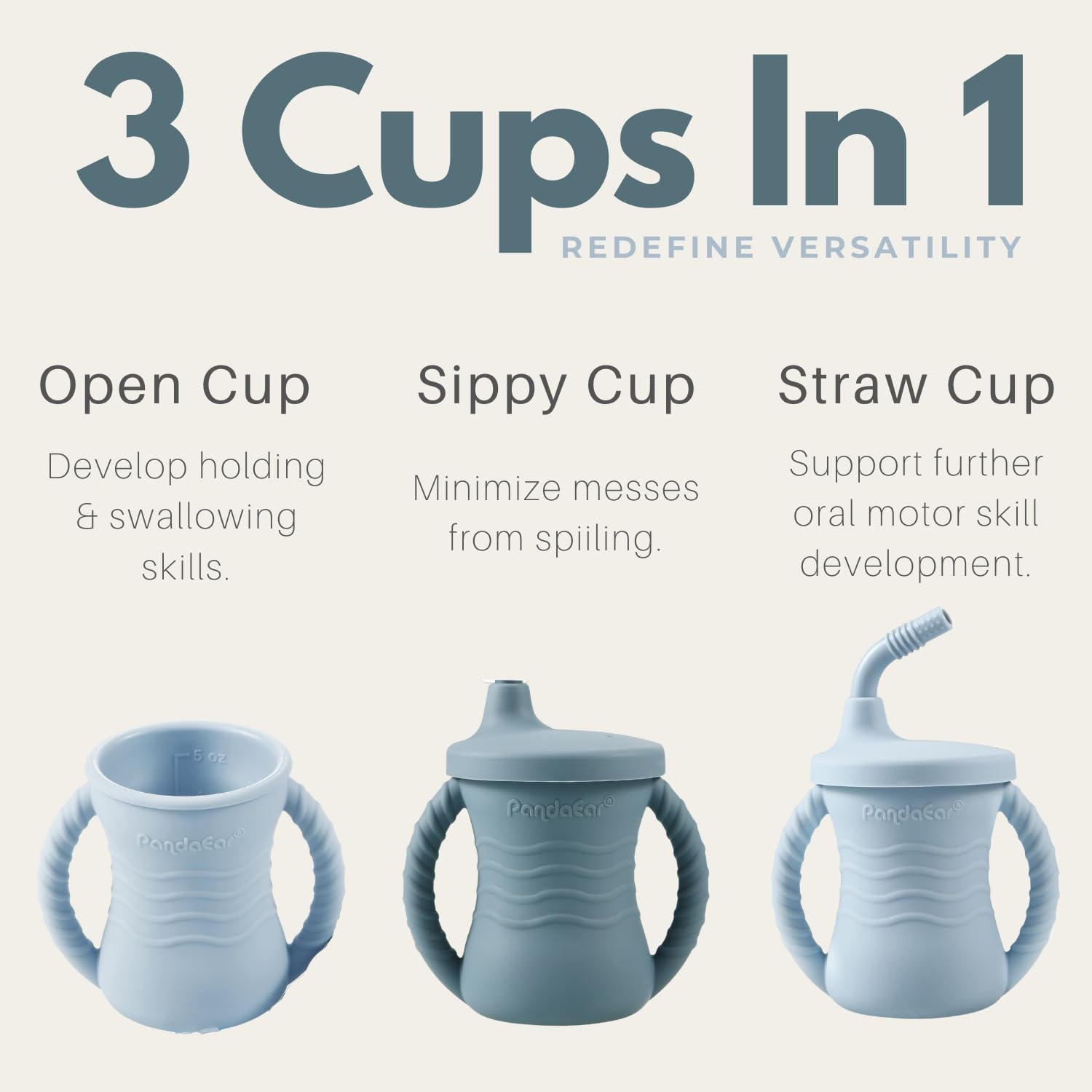 PandaEar silicone training cup light blue with handles and straw supporting toddler independence and spill reduction.