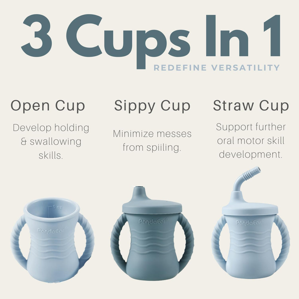 PandaEar silicone training cup light blue with handles and straw supporting toddler independence and spill reduction.