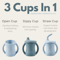 PandaEar silicone training cup light blue with handles and straw supporting toddler independence and spill reduction.