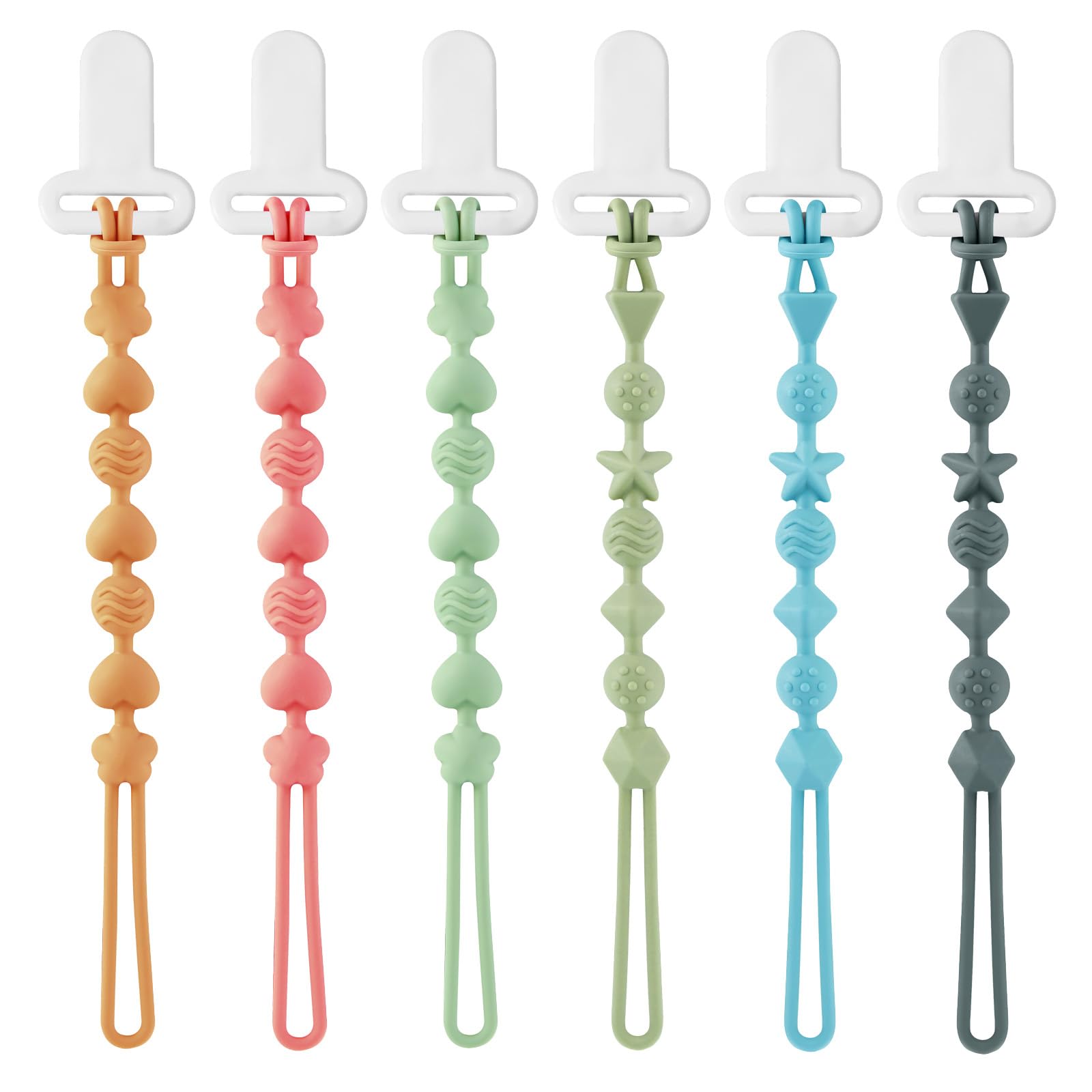 PandaEar six-pack silicone pacifier clips showing versatile, secure grip.