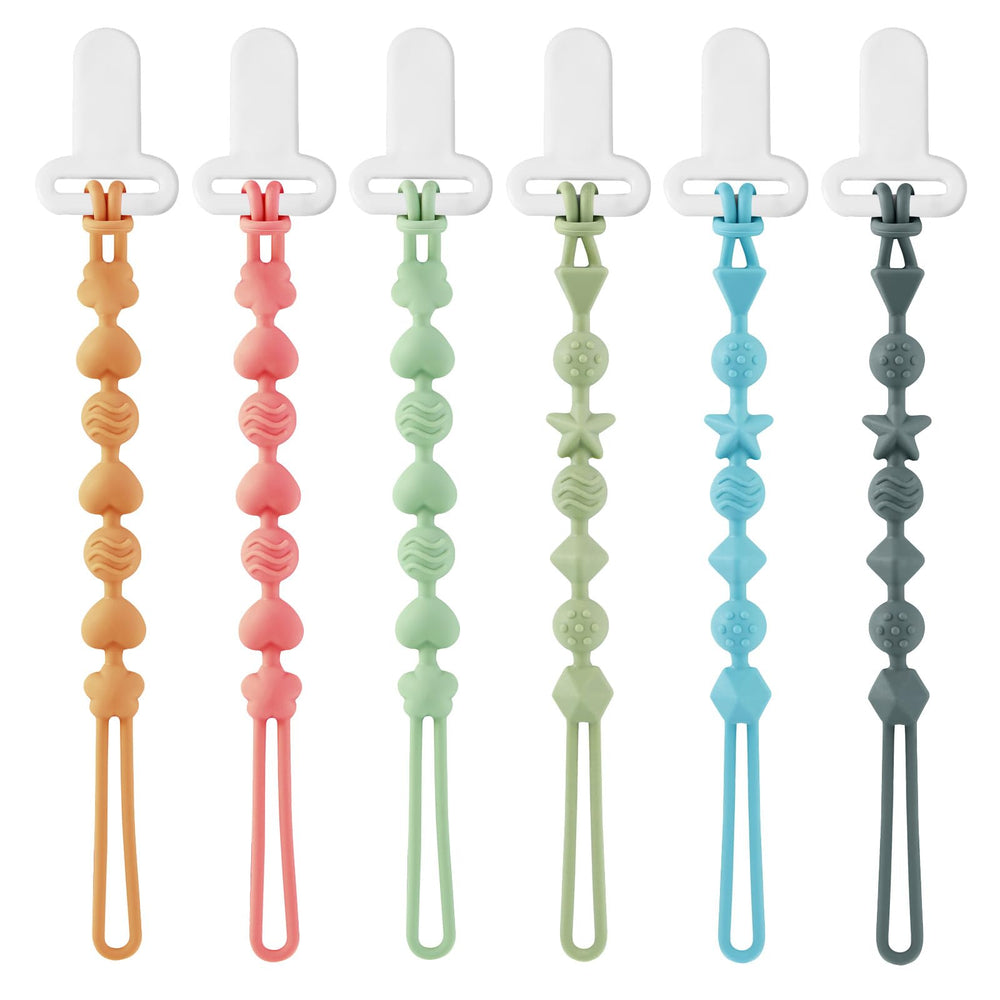 PandaEar six-pack silicone pacifier clips showing versatile, secure grip.