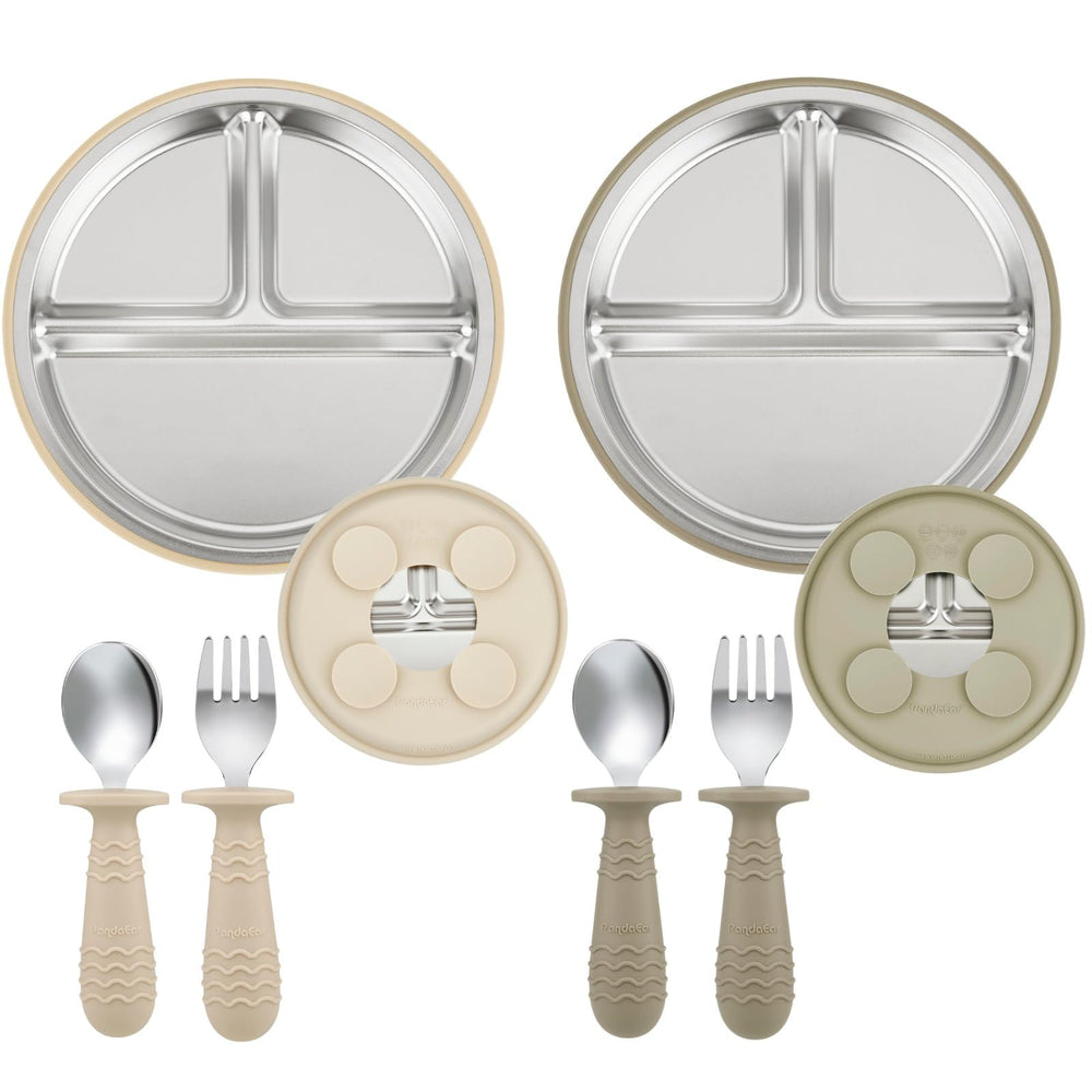 PandaEar suction plates in tan-walnut secure meals for mess-free self-feeding.