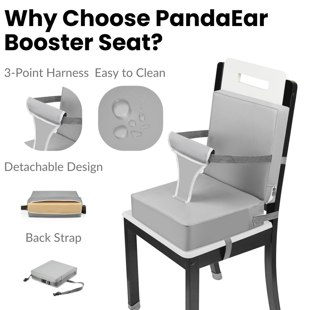 PandaEar booster seat adjustable straps ensure secure fit on various chairs.