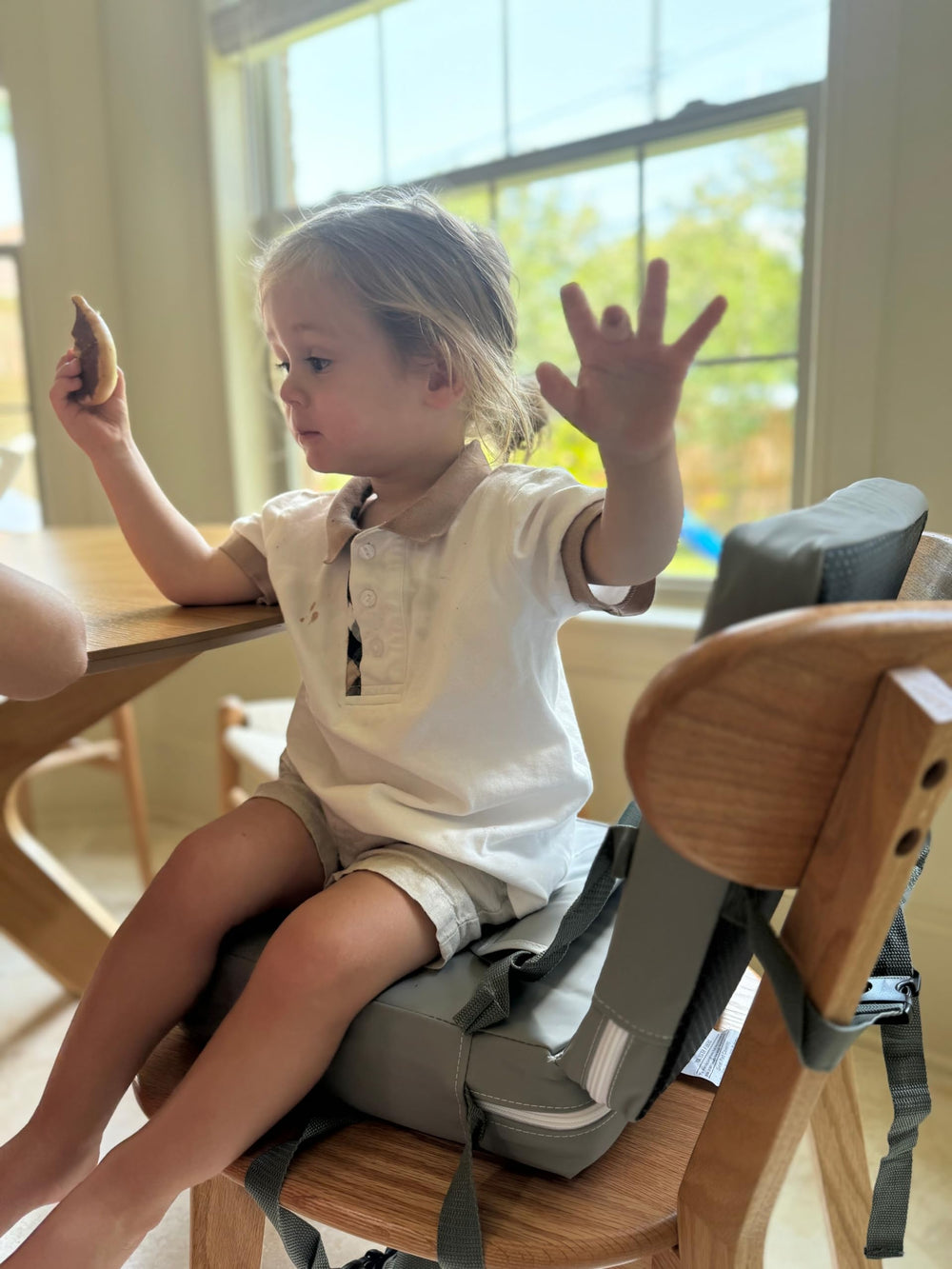 PandaEar booster seat fits most chairs for versatile dining setups.