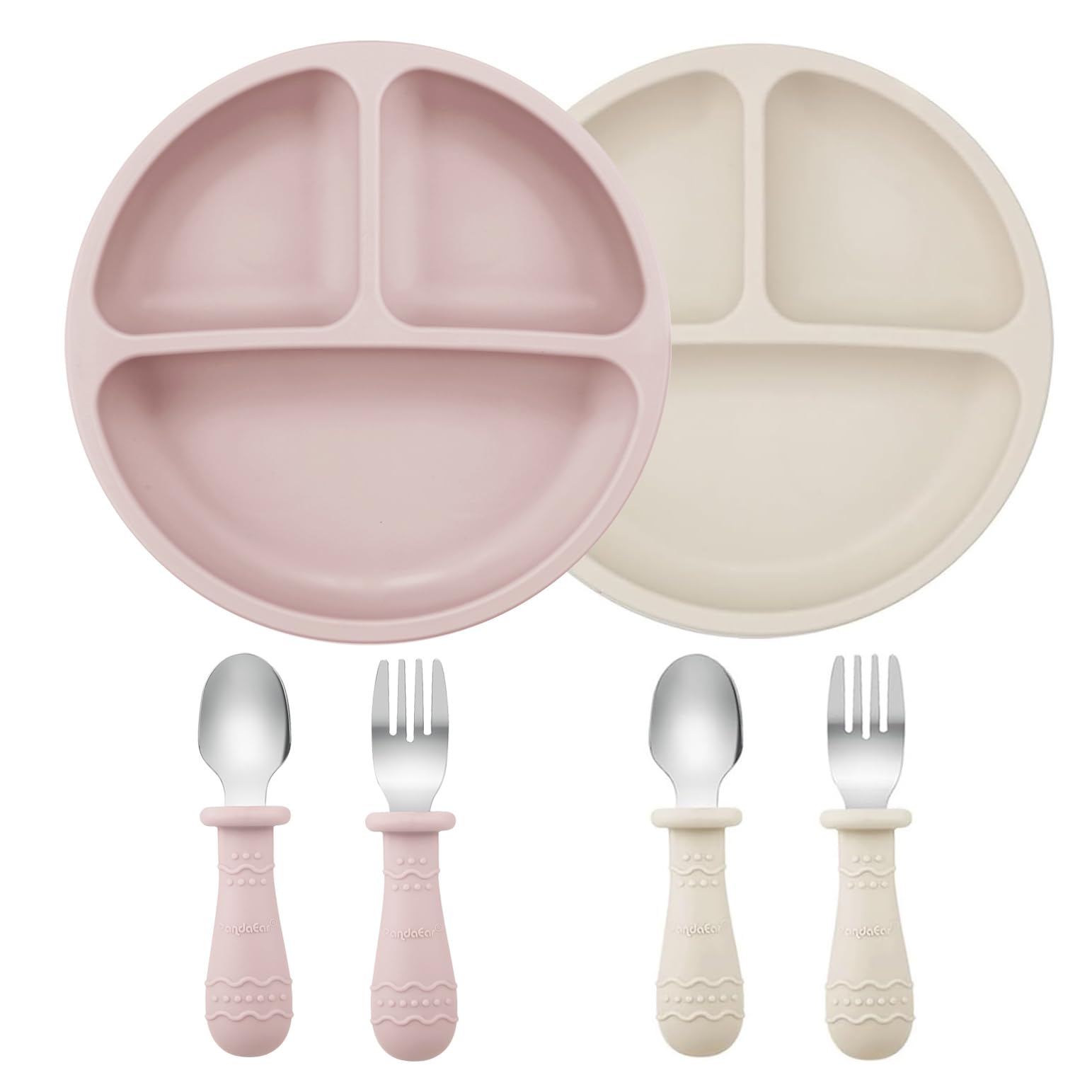PandaEar toddler plate suction closeup showing stable feeding surface for mess-free meals.