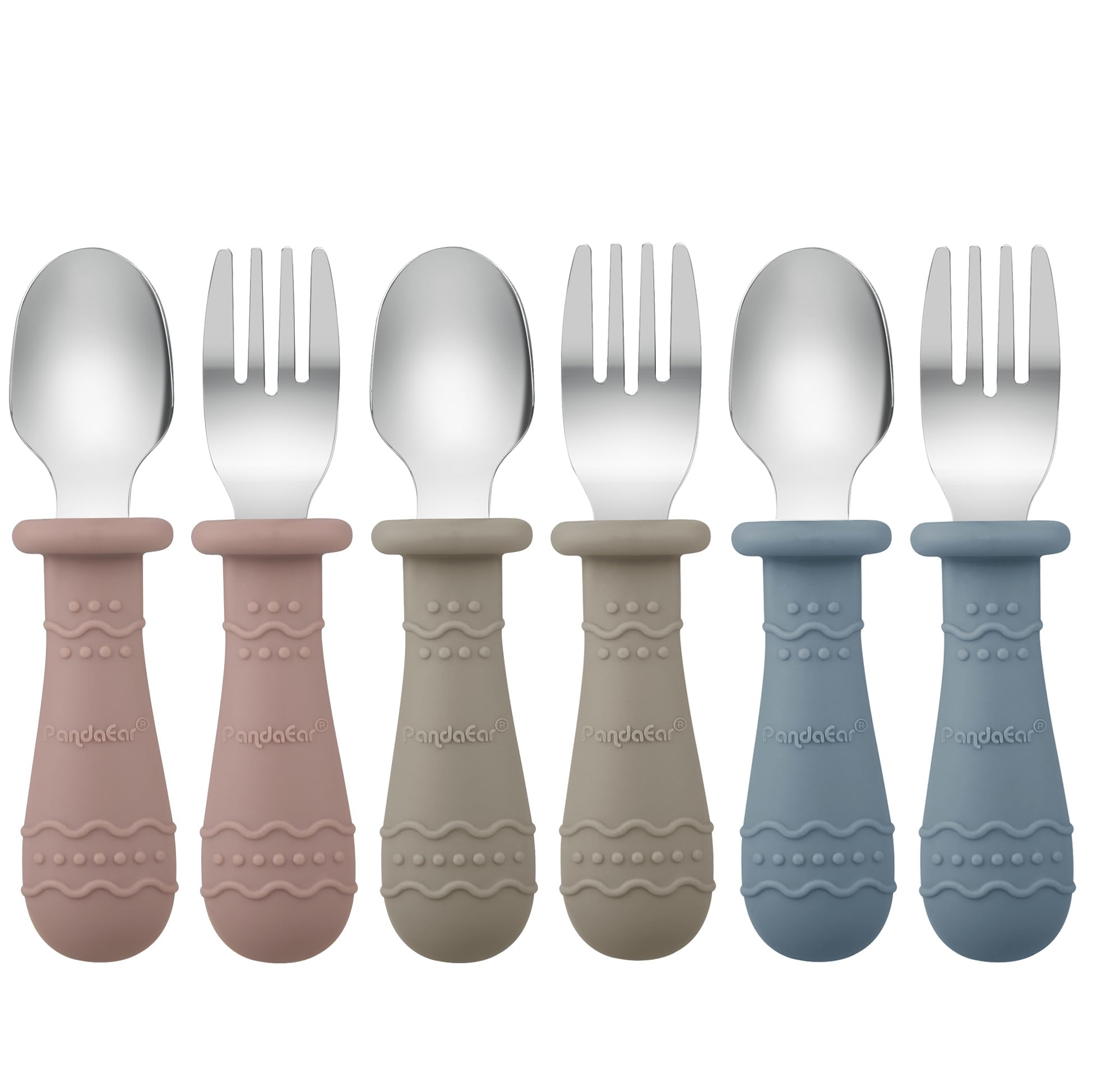 PandaEar toddler utensils pack shot in three colors supports independent eating
