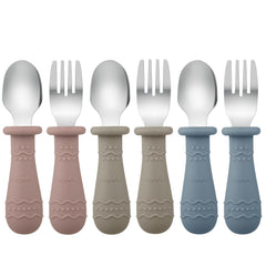PandaEar toddler utensils pack shot in three colors supports independent eating
