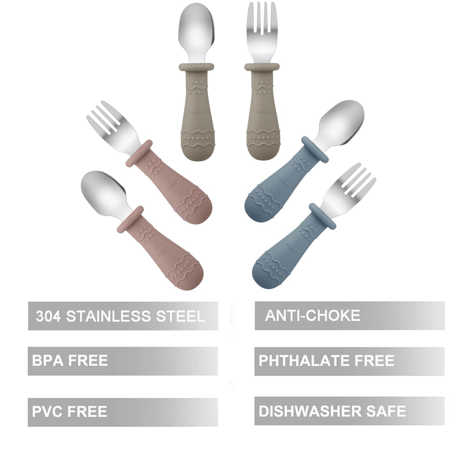 PandaEar spoons in bright colors designed for easy, safe self-feeding