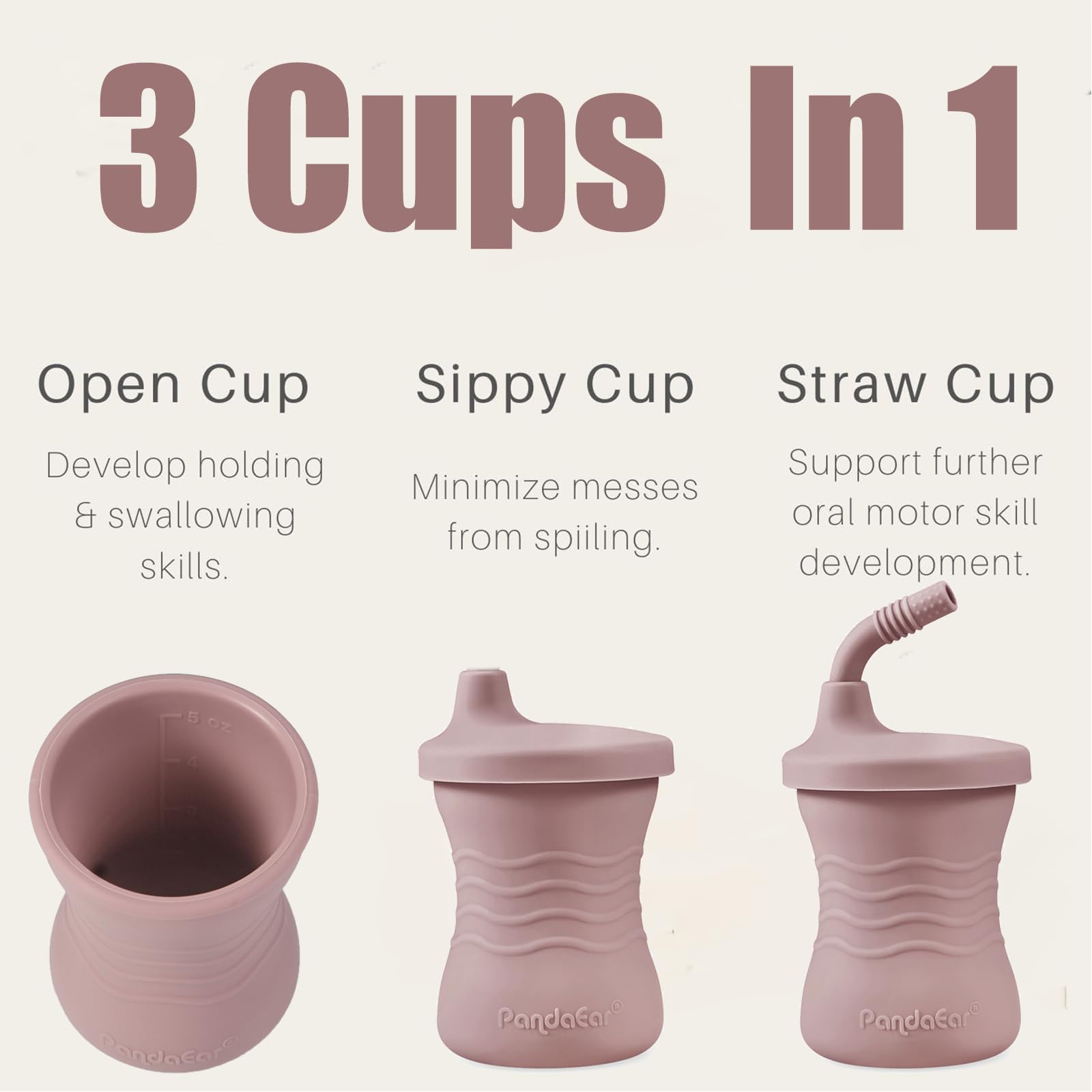 PandaEar training cup pink leakproof base reduces spills during busy mealtimes.