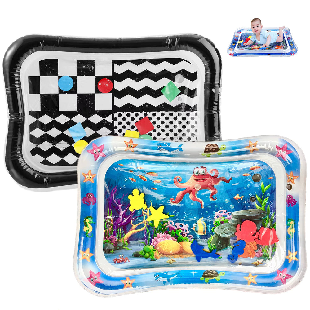 PandaEar tummy-time water mats 2-pack feature two cartoon patterns for infant play