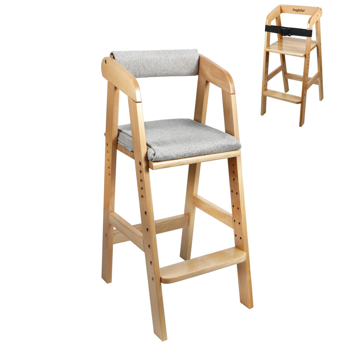 PandaEar wooden high chair for toddlers in natural finish with adjustable height.