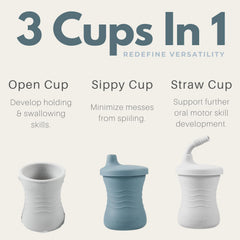 PandaEar silicone training cup light blue side view supports toddler grip and mess-free sips