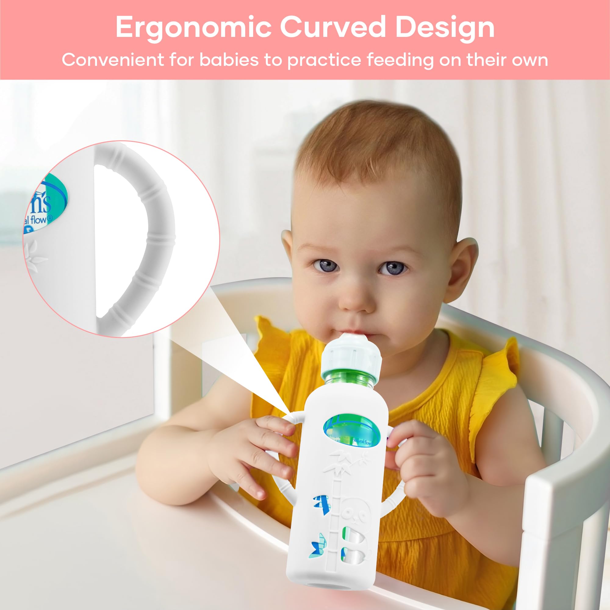 Panimosi Dr Brown's narrow bottle sleeve on bottle showcases easy-grip design for parents and babies.