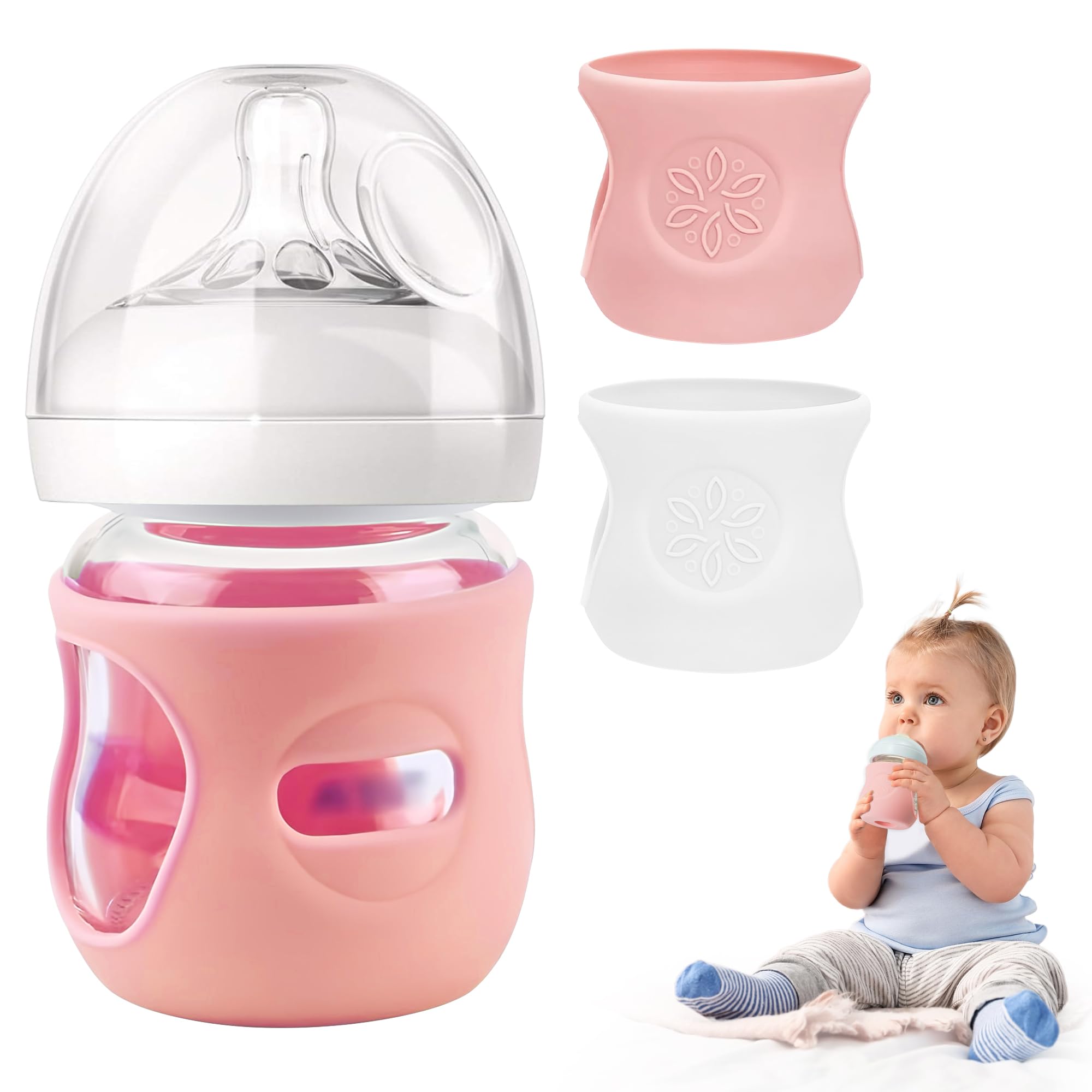 Panimosi silicone sleeve on Philips Avent 4oz bottle provides better grip and drop protection for safer handling.